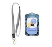 Porte-carte d'identité professionnel en cuir synthétique imprimé corbeau noir avec lanière - Fenêtre transparente imperméable pour le personnel de bureau, hôpital.