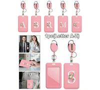 Porte-carte d'identité rose avec enrouleur rétractable rose, impression florale blanche initiale, porte-carte anti-vol portable, protecteur de carte en plastique dur rose avec fente pour le pouce, étu