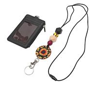 Porte-carte d'identité tournesol vertical en cuir PU avec sangle de cou pour enseignants, infirmières, étudiants, PU/silicone/plastique pour permis de travail, noir