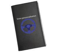 Porte carte grise en cuir noir volant personnalisé avec prénom