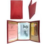 Porte carte papier voiture + étui Carte RFID, carte grise, permis, identité, assurance, 3 volets compact cuir LOLUNA® (Rouge)