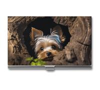 Porte-cartes de visite en métal fin avec motif « A Little Yorkshire Terrier » niché dans un trou d'arbre - Pour homme et femme, Argenté., Taille unique