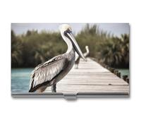 Porte-cartes de visite en métal fin, étui pour cartes de visite, pélican sur pont en bois, organiseur de cartes professionnelles, étui pour cartes de visite, porte-cartes de crédit, portefeuille pour