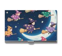 Porte-cartes de visite, étui fin en métal avec fermeture à boucle, motif sorcières à mini-balais, organiseur de cartes d'identité pour hommes et femmes, portefeuille portable pour cartes de visite,