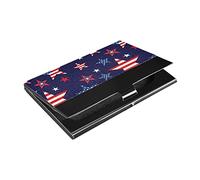 Porte-cartes de visite fin en acier inoxydable avec symboles du drapeau américain américain sur cuir synthétique bleu foncé