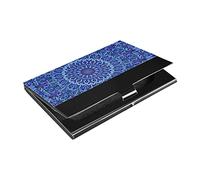 Porte-cartes de visite fin en cuir PU et acier inoxydable avec motif kaléidoscope floral mandala floral tribal ethnique bleu