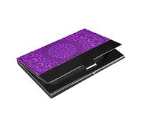 Porte-cartes de visite fin en cuir PU et acier inoxydable avec motif kaléidoscope floral mandala floral tribal ethnique violet