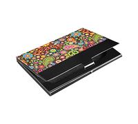 Porte-cartes de visite fin en cuir synthétique foncé et acier inoxydable - Motif fleurs de paix et d'amour - Unisexe