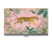 Porte-cartes de visite fin en métal pour homme et femme Motif tigre de la jungle pastel marchant sur rose