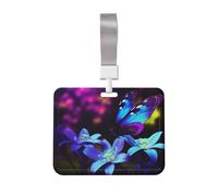 Porte-cartes horizontal de 10,2 x 7,6 cm - Grand porte-carte d'identité - Bleu et violet - Fleur et papillon - Porte-badge coulissant - Pour bureau, infirmière et femme