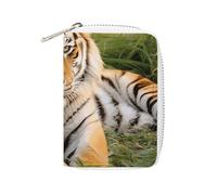 Porte-cartes imprimé tigre en cuir tendance allongé sur l'herbe, porte-cartes de grande capacité, petit et pratique, facile à mettre dans les poches, sacs à main, sacs à dos, etc. Répond à vos besoins