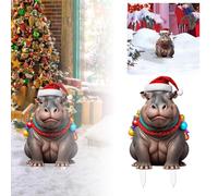 Porte-cartes personnalisé hippopotame portant un chapeau de Père Noël à Noël 2D plat en acrylique décoratif pour décorer votre coin et mettre en valeur le mur (F, 30 cm)