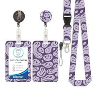 Porte-Cartes Smiley Violet, Badge D'Identification, Cordon Détachable avec Clip Rétractable pour Porte-CléS, Cartes de Visite, Cartes de Porte, Cartes D'Identité