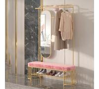 Porte-chaussures autonome avec miroir - Banc de rangement d'entrée rose avec crochets et étagère pour petits espaces, idéal pour couloir, chambre, vestiaire, salon (120 cm)