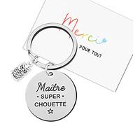 Porte adeau Maîtresse Maître d’école en Acier Inoxydable Texte à Deux Côté pour Enseignant Fin d'année Scolaire Graduation Noël Remerciement avec Carte Voeux Enveloppe (Maître super chouette)