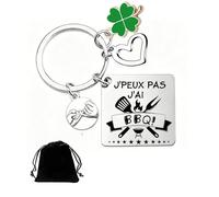 Porte Clé Humour Français « J'PEUX PAS J'AI Sieste » Koala, Porte-clés Inox Gravé avec Trèfle à Quatre Feuilles Cœur, Cadeau Drôle Amateur pour Homme Papa Ami