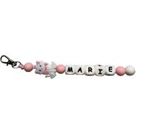 Porte-clé ou attache tutute, nipple, pacifier, Personnalisable avec Prénom, Accessoire Chat Blanc et Rose, Perles Décoratives