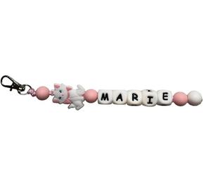 Porte-clé ou attache tutute, nipple, pacifier, Personnalisable avec Prénom, Accessoire Chat Blanc et Rose, Perles Décoratives