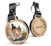 Porte-clé Personnalisable Baptême avec photo en bois de chêne et cuir véritable - idée de cadeau personnalisé - message inclus Baptême + Prénom (4,8 x 5,6 cm)
