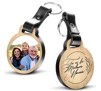 Porte-clé Personnalisable Mamie avec photo en bois de chêne et cuir véritable - idée de cadeau personnalisé - message inclus 'Tu Es La Meilleure Mamie' (3,6x4,3cm)