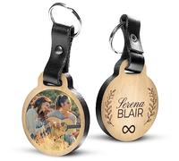 Porte-clé Personnalisable Meilleure Amie avec photo en bois de chêne et cuir véritable - idée de cadeau personnalisé - message inclus 2 prénoms gravés (3,6 x 4,3 cm)