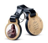 Porte-clé Personnalisable Naissance avec photo en bois de chêne et cuir véritable - idée de cadeau personnalisé - message inclus Prénom + Poids + Taille + Heure de Naissance (3,6 x 4,3 cm)