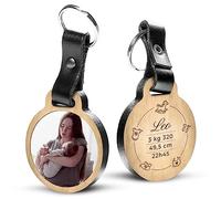 Porte-clé Personnalisable Naissance avec photo en bois de chêne et cuir véritable - idée de cadeau personnalisé - message inclus Prénom + Poids + Taille + Heure de Naissance (4,8 x 5,6 cm)