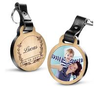 Porte-clé Personnalisable Naissance avec photo en bois de chêne et cuir véritable - idée de cadeau personnalisé - message inclus Prénom + Date de Naissance (4,8 x 5,6 cm)