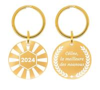 Porte-clé personnalisable style médaille Olympique - Cadeau personnalisable médaillon gravé, cadeau nounou, remerciement, maîtresse, texte et décorations aux choix