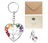 Porte Clef d'Arbre de Vie Original, Pendentif Chakra Bijoux Guérison Forme Coeur en Cristal Coloré Décoration Chic pour Couple Ami Cadeau Porte Bonheur pour Anniversaire Saint Valentin (A:Couleur)