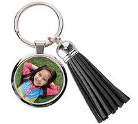 Porte-Clef Houppe Noir avec médaillon Rond personnalisé - Porte-Clef Photo avec plumeau/Houppe de Couleur Noir Personnalisable