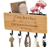 porte clef mural à grave personnalisé pour clés et lettres, petit porte clé mural en bambou pour mur, crochets à clés pour entrée, couloir, cuisine (Love Live Here)