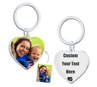 Porte Clef Personnalisable - Cadeau Mamie pour Saint Valentin femme Personnalisation Recto-Verso Ajouter Des Images/du Texte Porte Clé Photo Personnalisé Acier Inoxydable (Coeur - Argent)