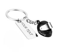 Porte Clef Personnalisable, Porte Clé Personnalisé en Métal, Cadeau Fete des Peres personnalisé, Idée Cadeau St-Valentin, Porte-clés Casque de Moto, Accessoires Moto (Casque Noir + Plaque Argentée)