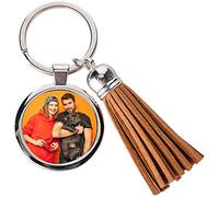 Porte-Clef Pompon Marron avec médaillon Rond personnalisé - Porte-clé Photo avec Pompon/Houppe de Couleur Marron Personnalisable