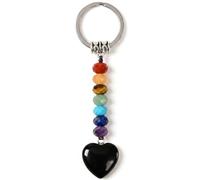 Porte-clés 7 Chakras en Pierres Naturelles avec Pendentif Cœur Noir - Accessoire de Méditation et de Yoga - Bijou de Sac Spirituel avec Carte de Signification