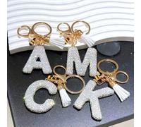 Porte-clés à lettre blanche, accessoire de sac à dos et de e voiture brillant et mignon, cordon pour femmes et filles B,A,D,C,F,E,H,G,J,I,L,K,N,M,P,O,R,T,S,V,Z,YLettresAlliage de zinc