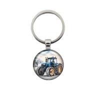 Porte-clés, accessoire cabochon imprimé tracteur bleu.