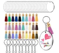 Porte-clés avec Disques de Cercle Acrylique Transparent Ronde 5cm/2.5“, Anneau avec Chaîne, Glands Pendentif en Cuir pour DIY Monogram Souvenir et Artisanat Bijoux Accessoires (30 Pièces)