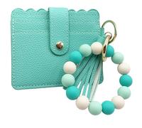 Porte-clés avec dragonne pour femme, petit portefeuille, porte-cartes, porte-carte d'identité, sac à main fin en silicone, bracelet de perles porte-clés, cyan, One Size, Porte-cartes avec dragonne