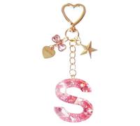 Porte-clés avec Initiale Rose Alphabet Lettre Keyring Nom Pendentif en Résine Pendentif Amour Pompons Porte-clés Bijou de Sac Keychain Portefeuilles Sac à Main Charme pour Cadeau Femmes Fille (S)