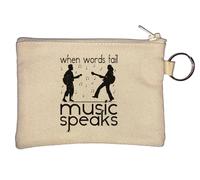 Porte-clés avec notes de musique en forme de guitare Inscription When Words Fail Music Speaks Beige