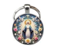 Porte-clés, bijou de sac cabochon Sainte Vierge Marie colombes et fleurs.