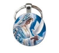 Porte-clés, bijou de sac cabochon Sainte Vierge Marie et colombe de la paix.