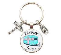 Porte-clés, bijou de sac imprimé caravane bleu camping, Happy camper.