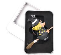 Porte-clés bois sorcière avec balai Halloween conte de fées magicien pendentif dans boîte cadeau