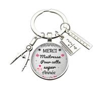 Porte-clés Cadeau Maîtresse avec Charms, Message 'Merci Maîtresse', Compas et Règle, Argent. Cadeau fin d'année scolaire. Livré dans un élégant sachet en organza