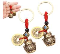 Porte-clés chat porte-bonheur japonais avec pièces de monnaie Feng Shui, breloques chats porte-bonheur Maneki Neko en laiton, 2 pièces., taille unique