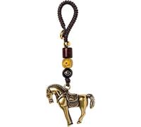 Porte-clés chinois, porte-bonheur, statue de cheval de guerre en laiton, porte-clés pendentif porte-bonheur + corde tricotée à la main Bodhi, amulette décorative for sac à dos et clé de voiture