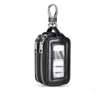 Porte-clés compact en cuir avec double fermeture éclair et section transparente pour une reconnaissance rapide et une résistance (bleu)